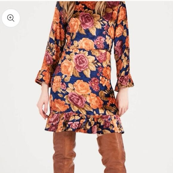 Antik Batik Blue Orange Floral Mini Dress Large Velour Long Sleeve - Picture 3 of 11